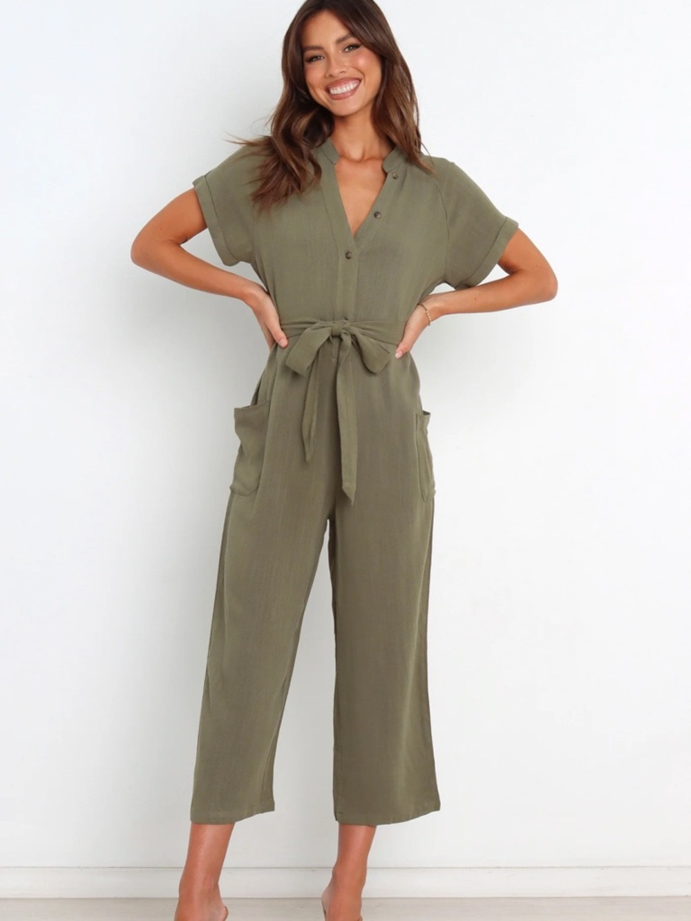 Petal & Pup Archie‎ Jumpsuit Olive 100% Linen Size 12 With Belt